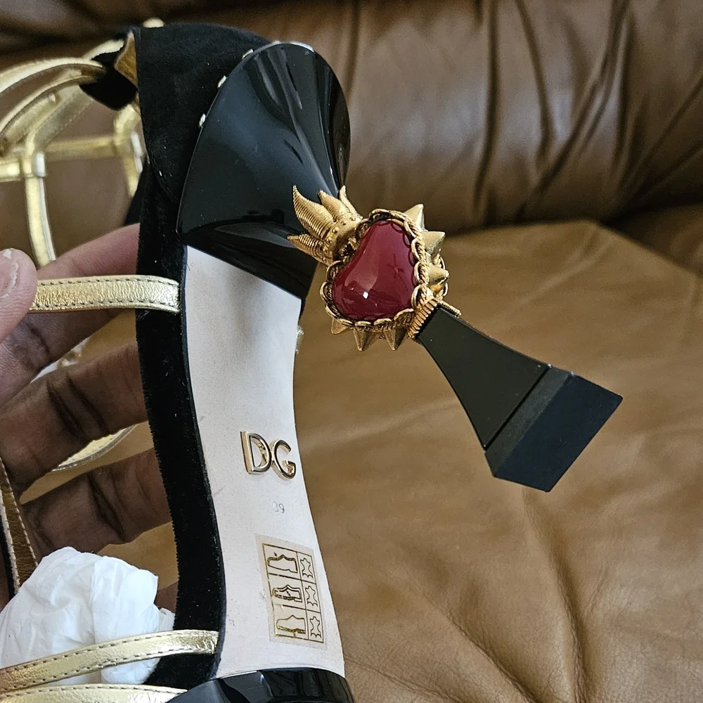 Dolce & Gabbana Black Suede Metallic Gold Leather Luxury Heels Size 8 US (MINT) - Picture 10 of 16